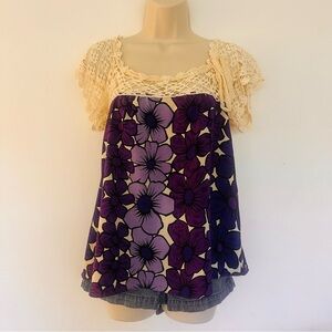Anthropologie Corey Lynn Calter Purple Cream Floral Crochet Blouse Size Small